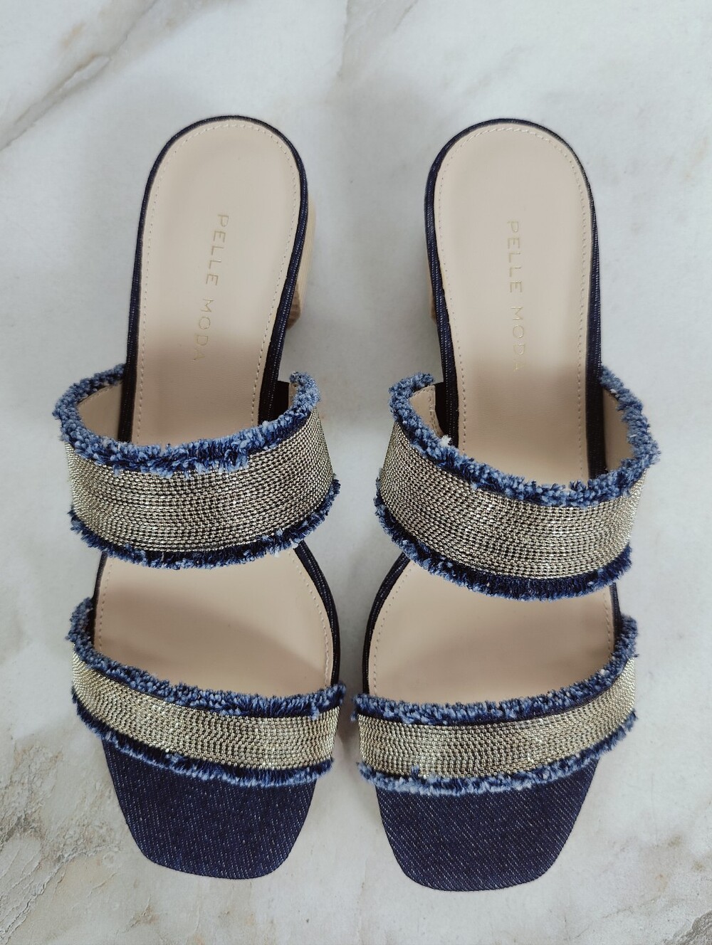 Pelle Moda Navy Denim and Gold Two-Strap Sandals